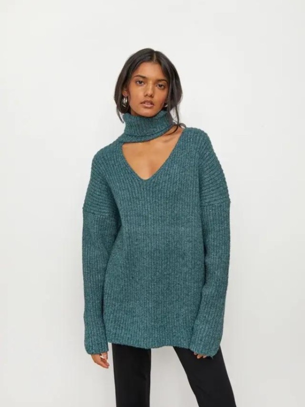Frank + Oak Cutout Turtleneck Ribbed Chunky Oversized Sweater - Teal Size Small